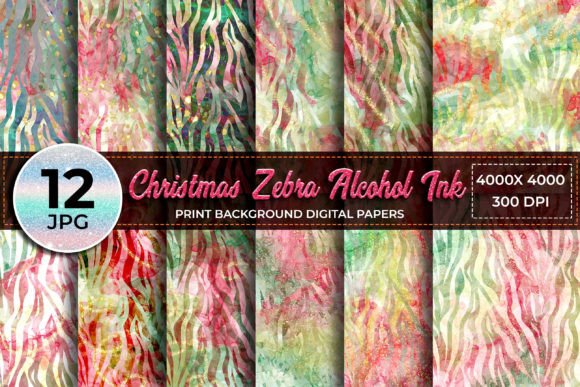 Christmas Zebra Alcohol Ink Backgrounds: Festive Illustrations