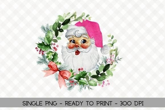 Pink Retro Santa Wreath: Festive Illustrations